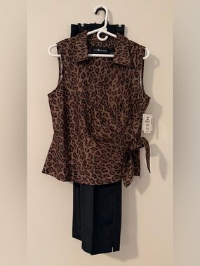 NWT Sag Harbor 2-Piece Leopard Print Dressy Blk/Taupe Pantsuit Sz 12